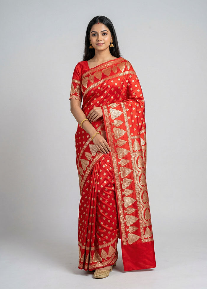 Red Banarasi Silk Saree With Blouse Piece