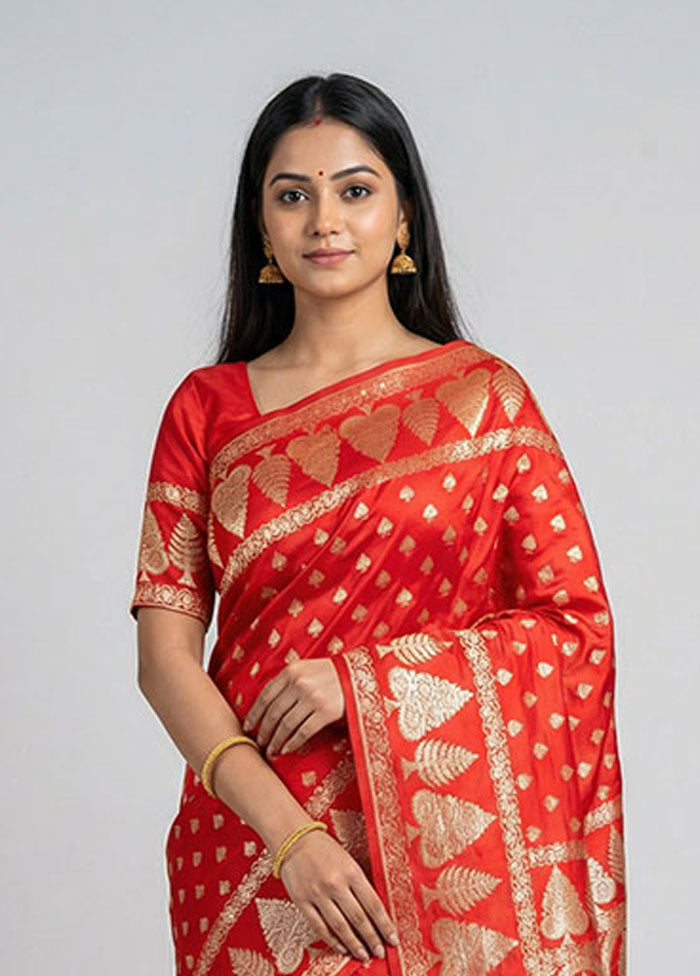 Red Banarasi Silk Saree With Blouse Piece