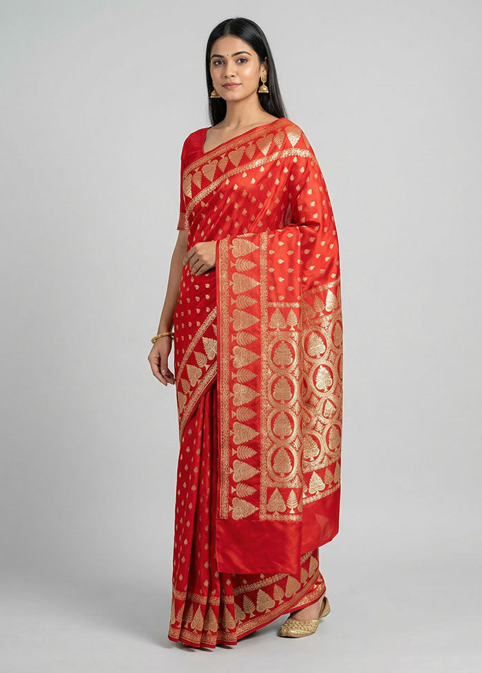 Red Banarasi Silk Saree With Blouse Piece