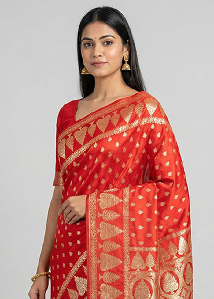 Red Banarasi Silk Saree With Blouse Piece