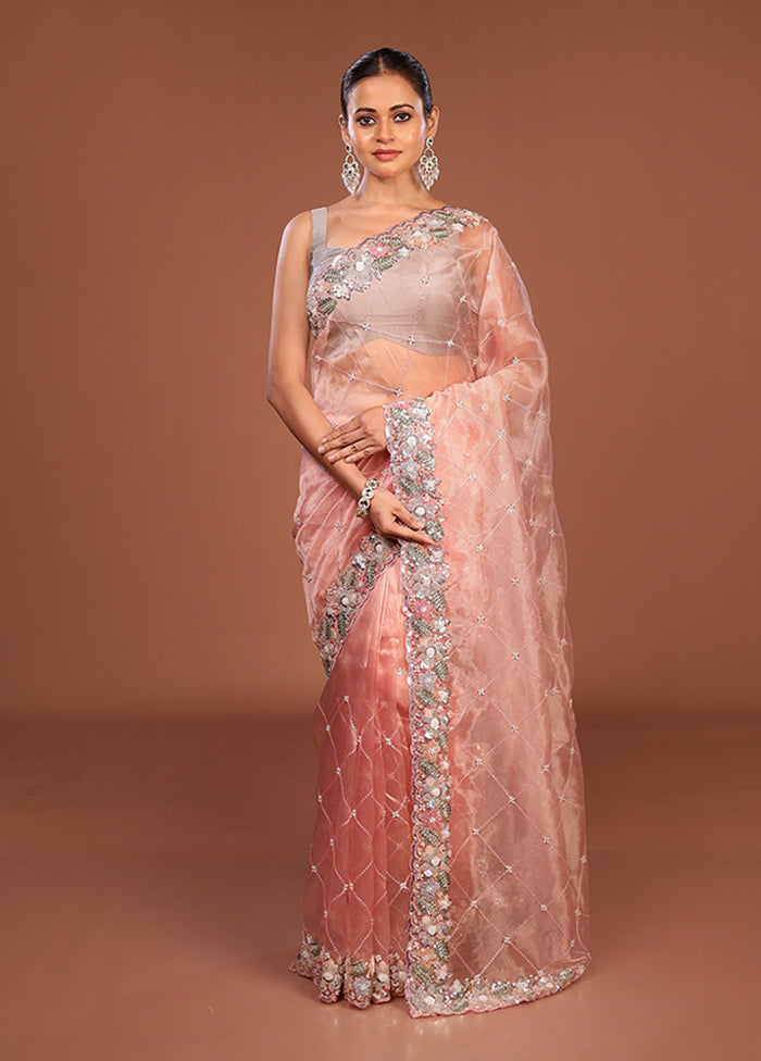 Peach Handloom Tissue Pure Silk Saree With Blouse Piece