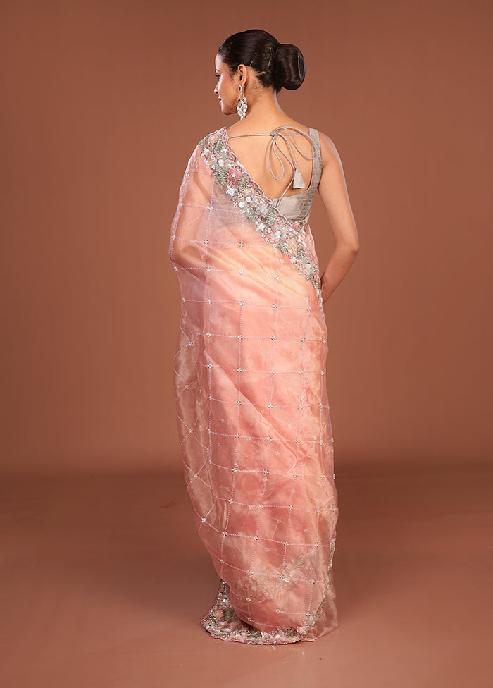 Peach Handloom Tissue Pure Silk Saree With Blouse Piece