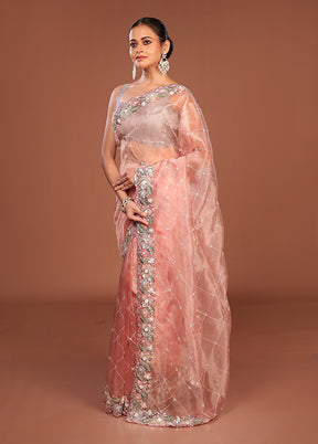 Peach Handloom Tissue Pure Silk Saree With Blouse Piece