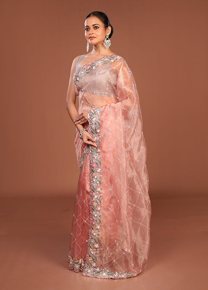 Peach Handloom Tissue Pure Silk Saree With Blouse Piece