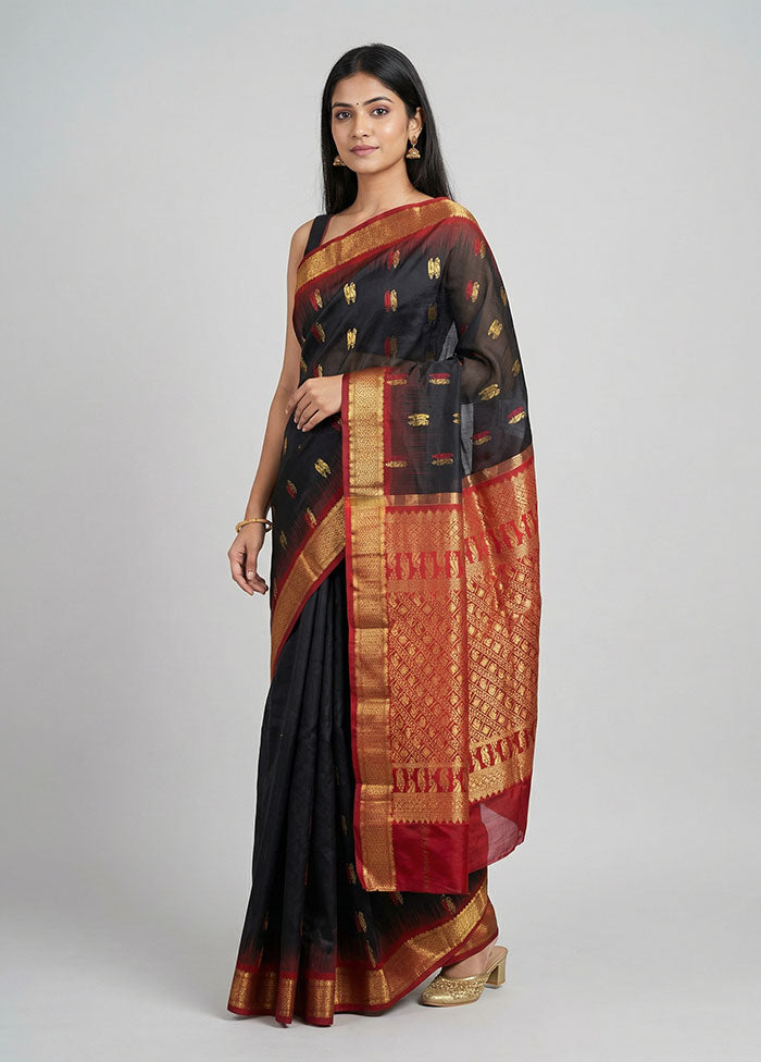 Black Handloom Kanjivaram Pure Silk Saree With Blouse Piece