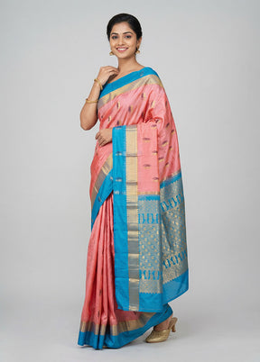 Pink Handloom Kanjivaram Pure Silk Saree With Blouse Piece