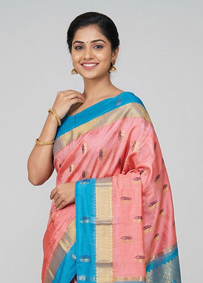 Pink Handloom Kanjivaram Pure Silk Saree With Blouse Piece