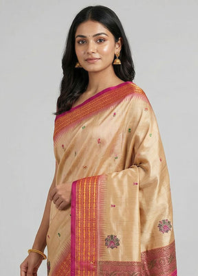 Cream Handloom Bomkai Pure Silk Saree With Blouse Piece
