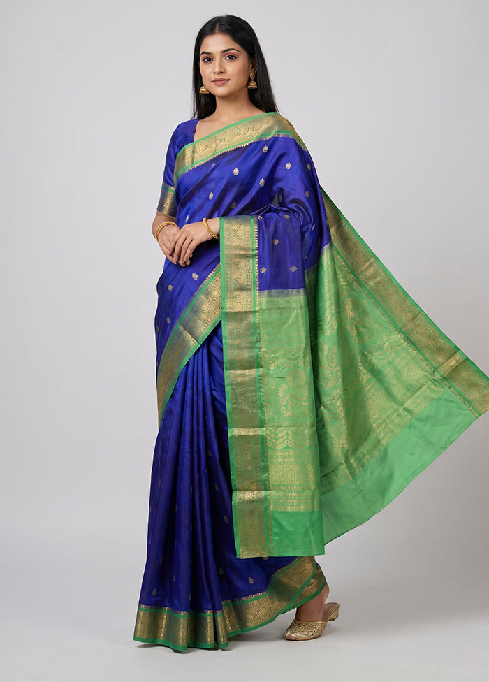 Blue Handloom Kanjivaram Silk Saree With Blouse Piece