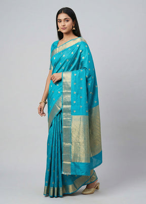 Blue Handloom Kanjivaram Pure Silk Saree With Blouse Piece