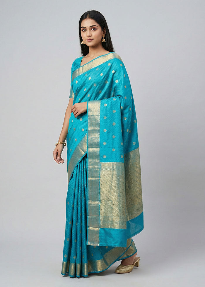 Blue Handloom Kanjivaram Pure Silk Saree With Blouse Piece