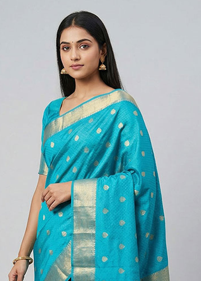Blue Handloom Kanjivaram Pure Silk Saree With Blouse Piece