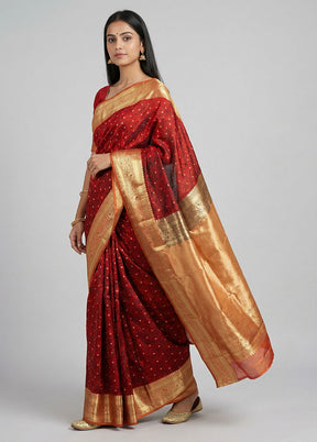 Maroon Handloom Kanchipuram Pure Silk Saree With Blouse Piece