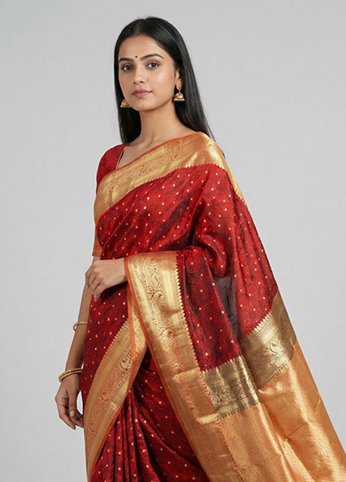 Maroon Handloom Kanchipuram Pure Silk Saree With Blouse Piece