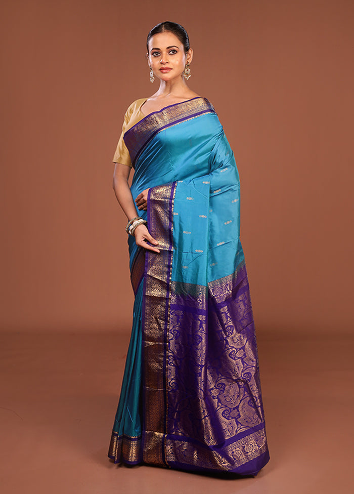 Blue Handloom Kanjivaram Pure Silk Saree With Blouse Piece