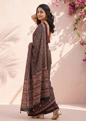 Blue Printed Silk Saree Without Blouse Piece