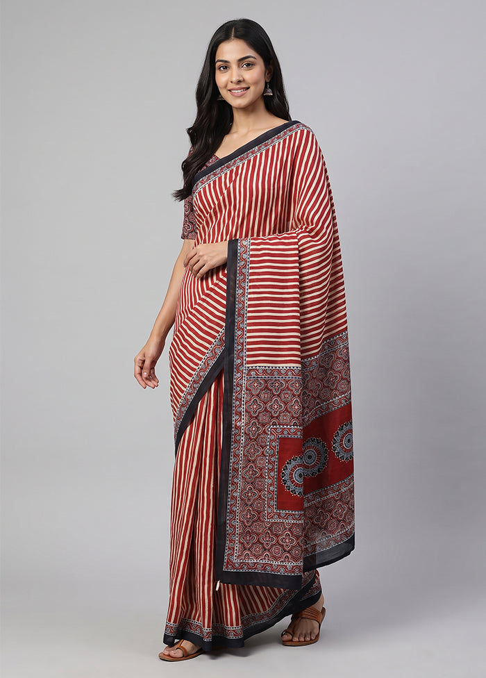 Red Printed Silk Saree Without Blouse Piece