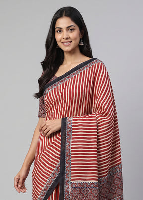Red Printed Silk Saree Without Blouse Piece