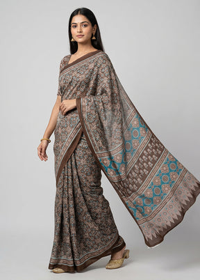 Brown Printed Silk Saree Without Blouse Piece