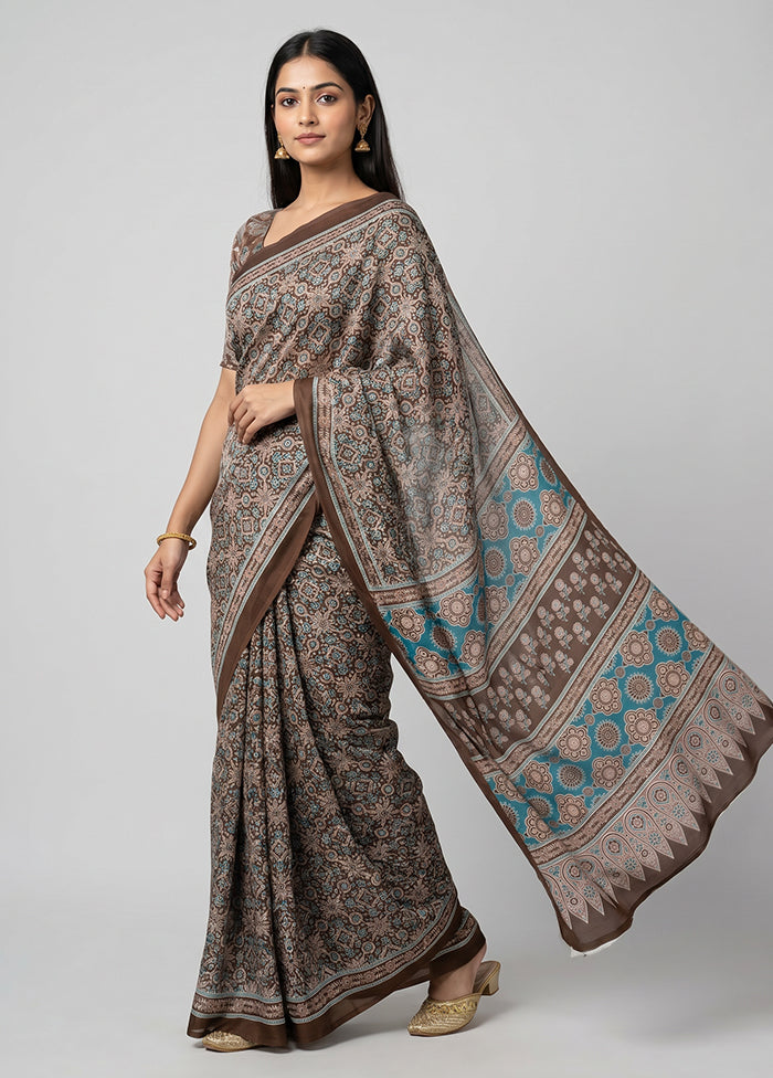 Brown Printed Silk Saree Without Blouse Piece