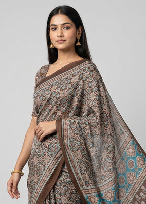 Brown Printed Silk Saree Without Blouse Piece