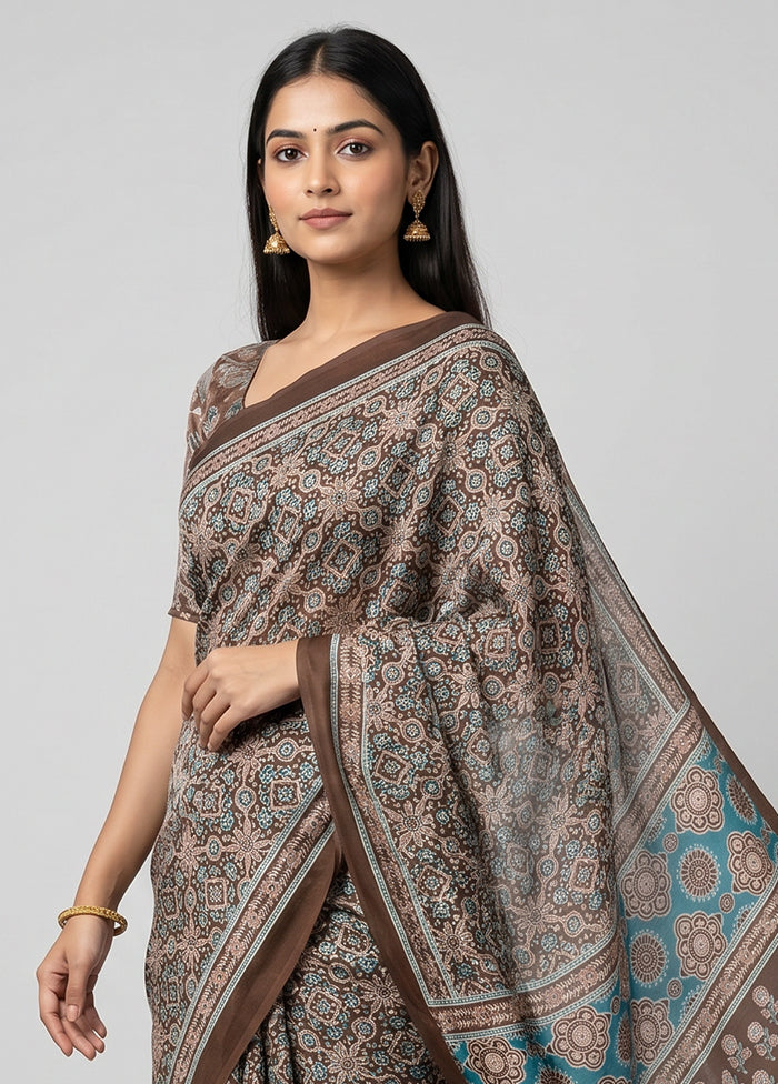 Brown Printed Silk Saree Without Blouse Piece