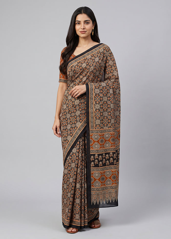 Black Printed Silk Saree Without Blouse Piece