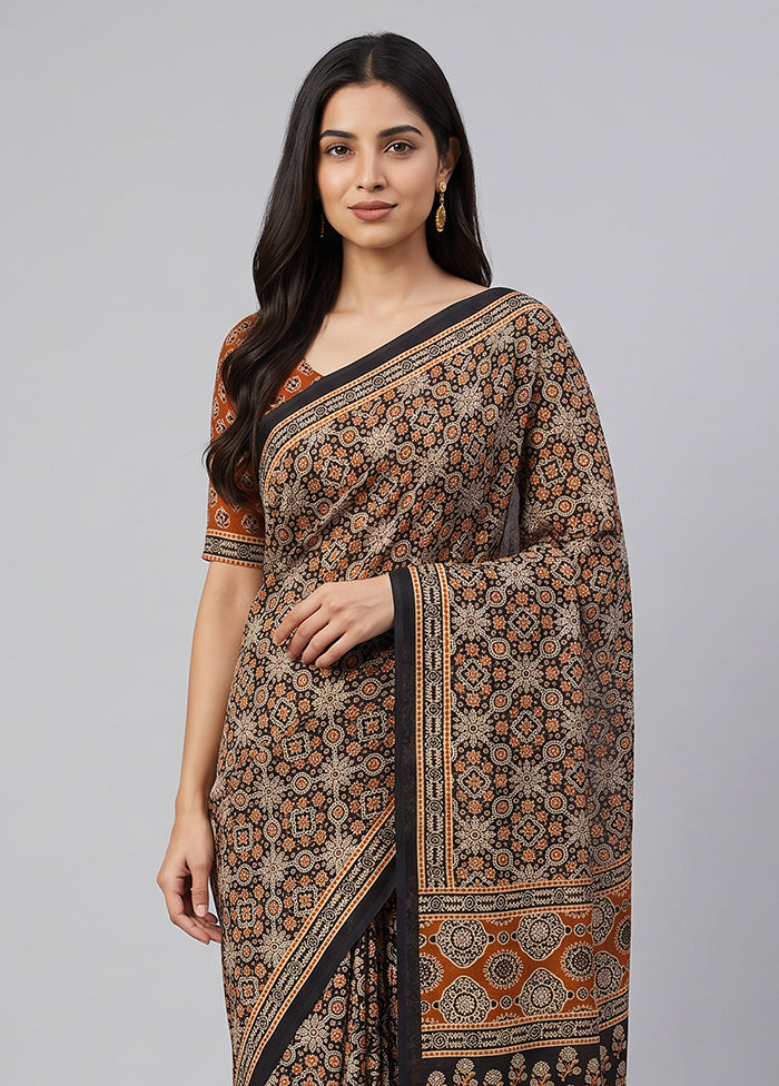 Black Printed Silk Saree Without Blouse Piece