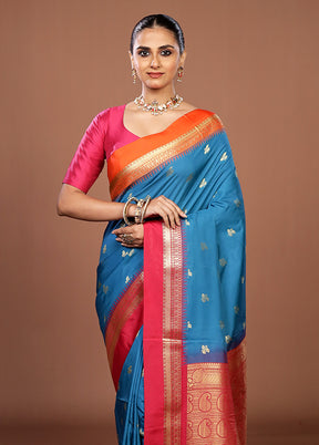 Blue Kanjivaram Silk Saree With Blouse Piece