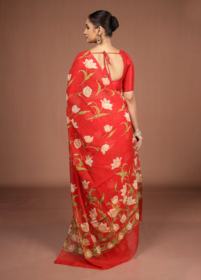 Red Handloom Chiffon Pure Silk Saree With Blouse Piece