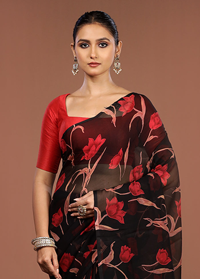 Black Handloom Chiffon Pure Silk Saree With Blouse Piece