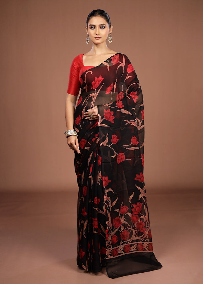 Black Handloom Chiffon Pure Silk Saree With Blouse Piece