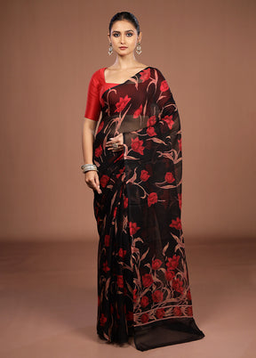 Black Handloom Chiffon Pure Silk Saree With Blouse Piece