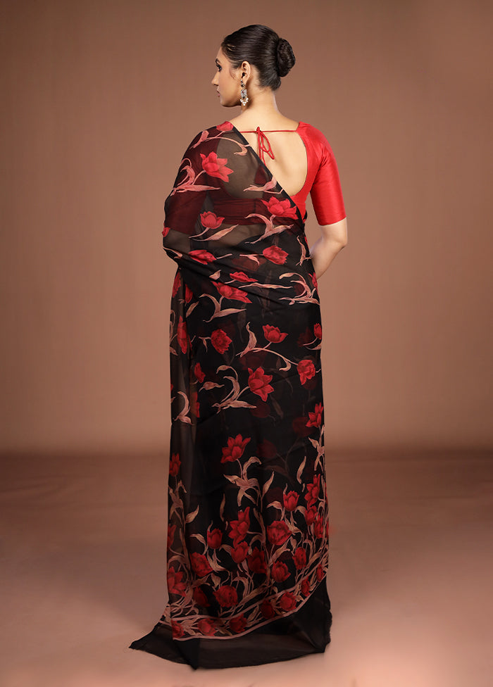 Black Handloom Chiffon Pure Silk Saree With Blouse Piece