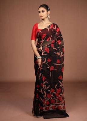 Black Handloom Chiffon Pure Silk Saree With Blouse Piece
