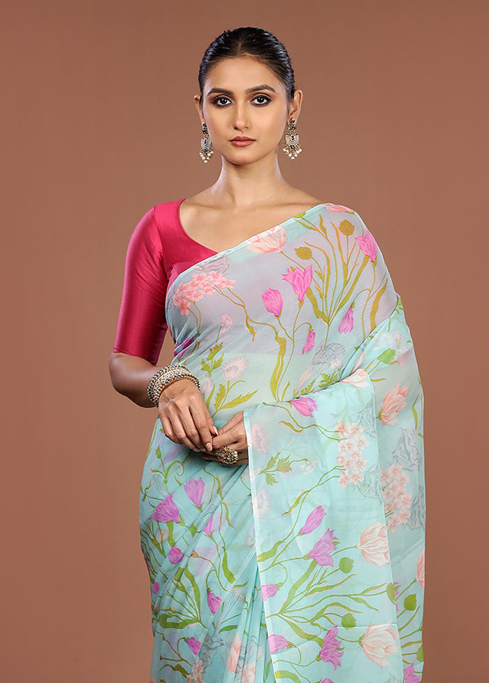 Blue Handloom Chiffon Pure Silk Saree With Blouse Piece
