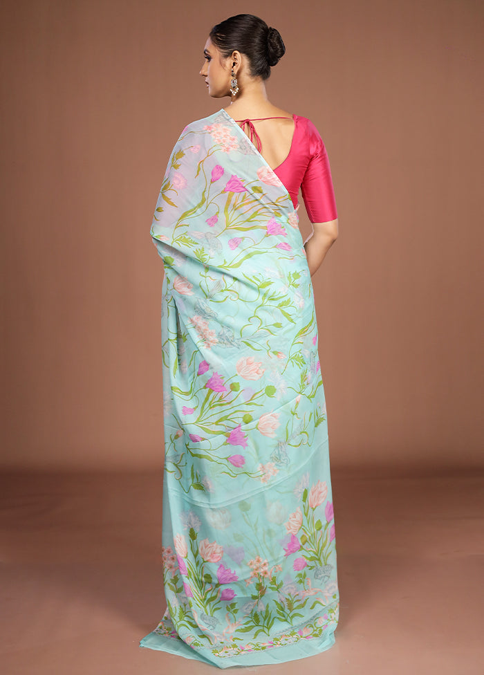 Blue Handloom Chiffon Pure Silk Saree With Blouse Piece