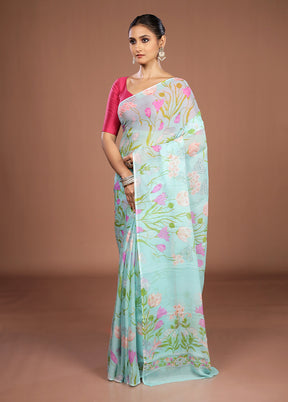 Blue Handloom Chiffon Pure Silk Saree With Blouse Piece