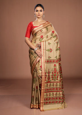 Cream Printed Pure Silk Saree Without Blouse Piece