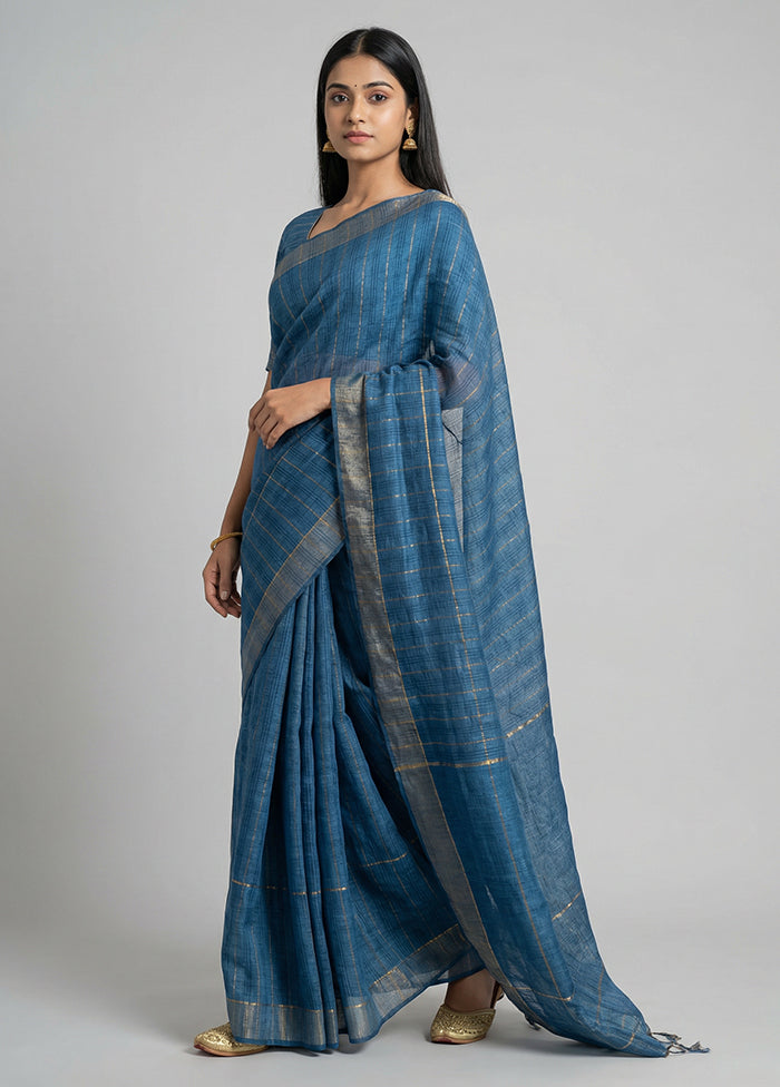 Blue Handloom Tussar Pure Silk Saree With Blouse Piece