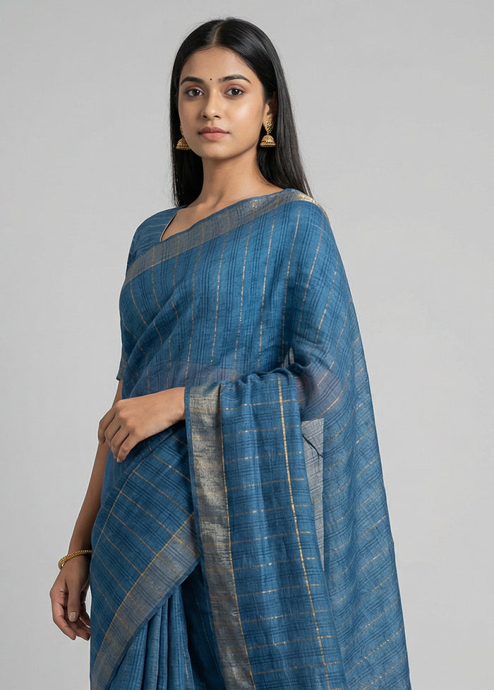 Blue Handloom Tussar Pure Silk Saree With Blouse Piece