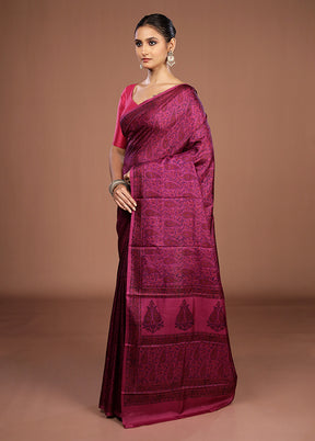 Purple Printed Pure Silk Saree Without Blouse Piece