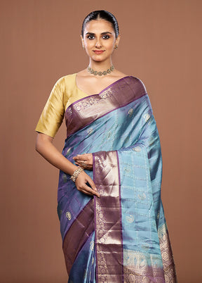 Blue Handloom Kanjivaram Pure Silk Saree With Blouse Piece