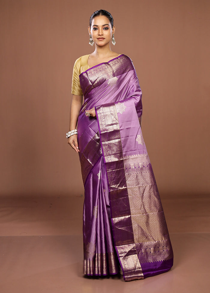 Purple Handloom Kanchipuram Pure Silk Saree With Blouse Piece