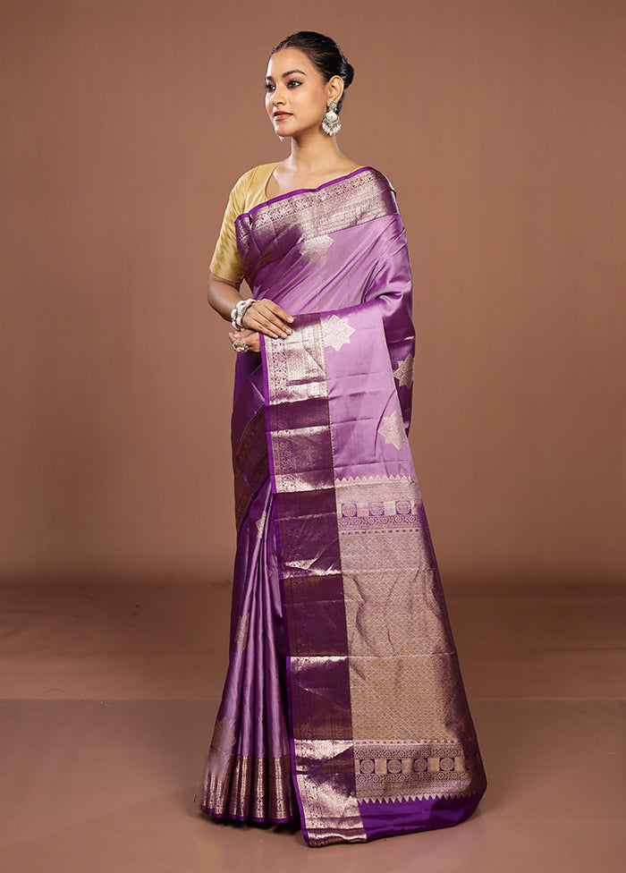 Purple Handloom Kanchipuram Pure Silk Saree With Blouse Piece