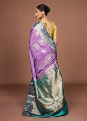Purple Handloom Kanchipuram Pure Silk Saree With Blouse Piece