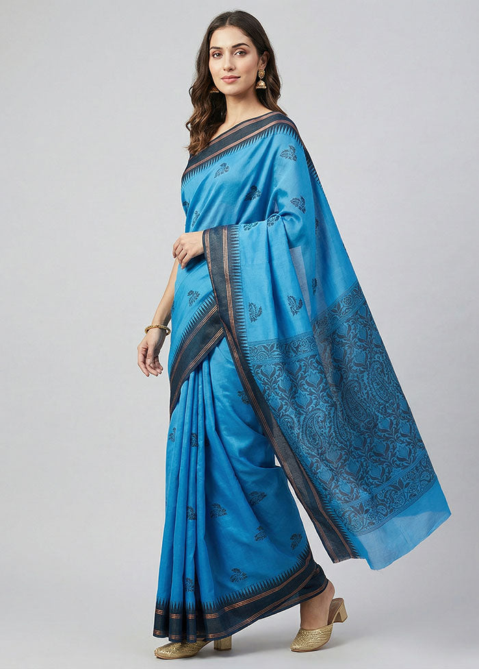 Blue Cotton Saree With Blouse Piece