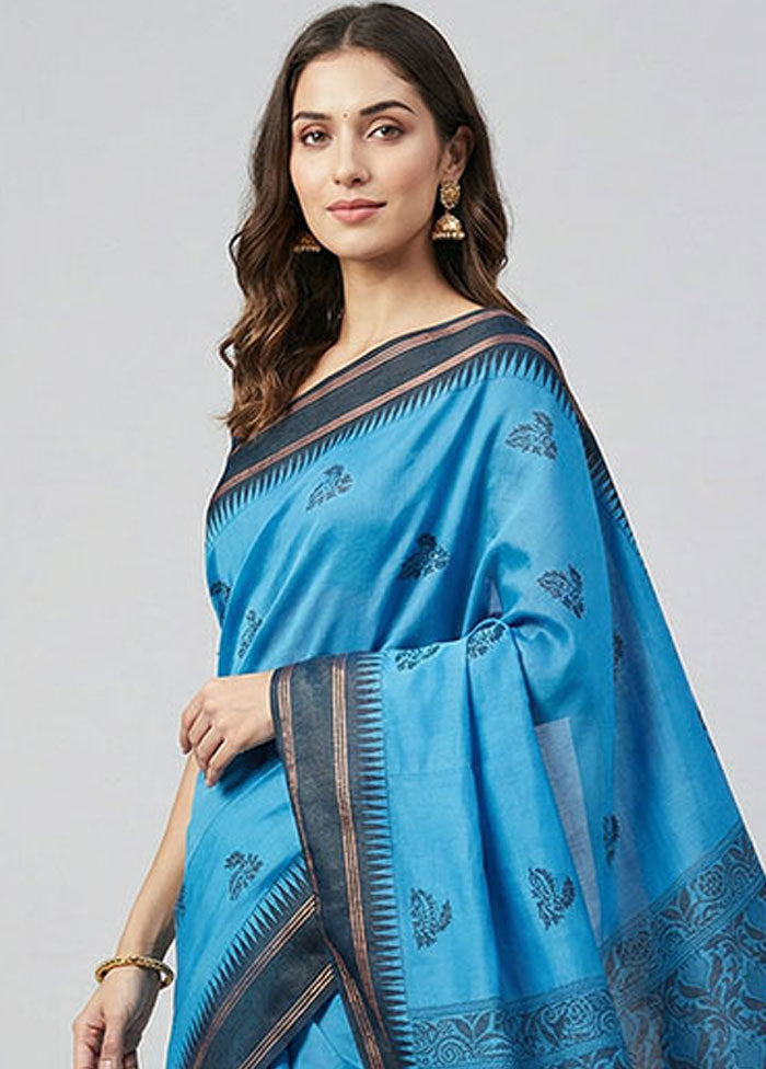 Blue Cotton Saree With Blouse Piece