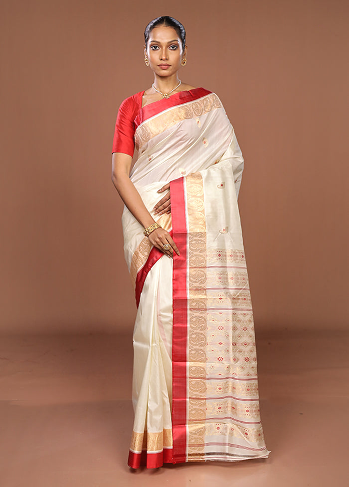 White Garad Pure Silk Saree Without Blouse Piece