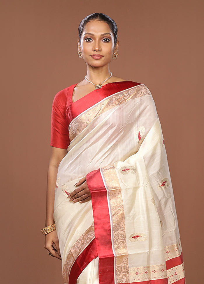 White Garad Pure Silk Saree Without Blouse Piece
